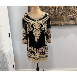 Nanuri Blouse Womens 4 Black Gold Embroidered Tunic Top 3/4 Sleeve Sheer